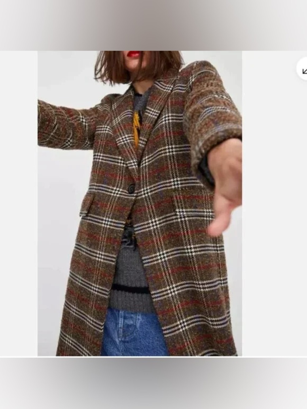 Zara notched lapel collar Plaid Checked Brown Tweed Wool Car Long Coat XS